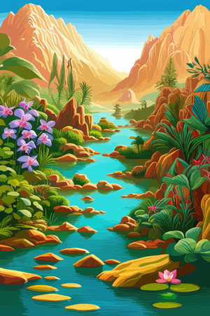 Waterfall painting with beautiful scenery. Landscape with treesのイラスト素材