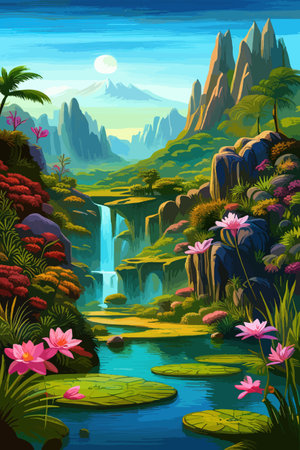 Waterfall painting with beautiful scenery. Landscape with treesのイラスト素材