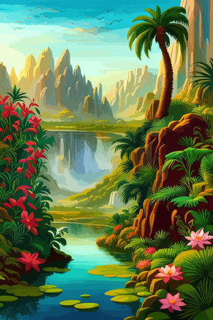 Waterfall painting with beautiful scenery. Landscape with treesのイラスト素材