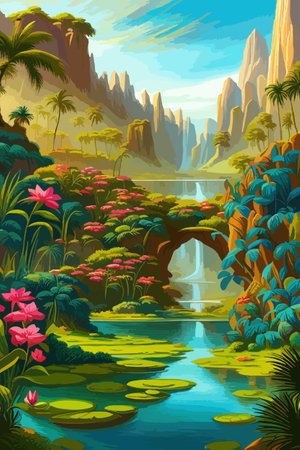 Waterfall painting with beautiful scenery. Landscape with treesのイラスト素材
