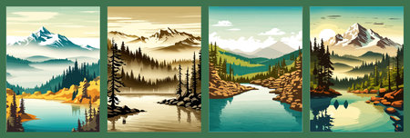 Beautiful landscape of a mountain lake with clear still water, mountain range, dense forestのイラスト素材