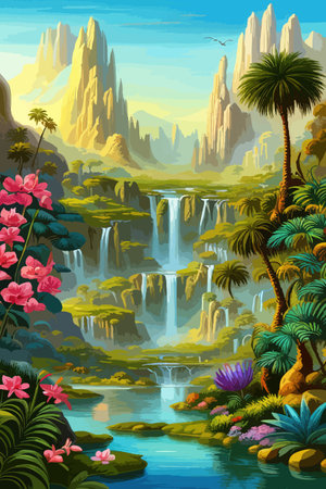 Waterfall painting with beautiful scenery. Landscape with treesのイラスト素材
