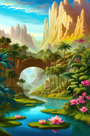 Waterfall painting with beautiful scenery. Landscape with treesのイラスト素材