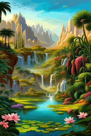 Waterfall painting with beautiful scenery. Landscape with treesのイラスト素材