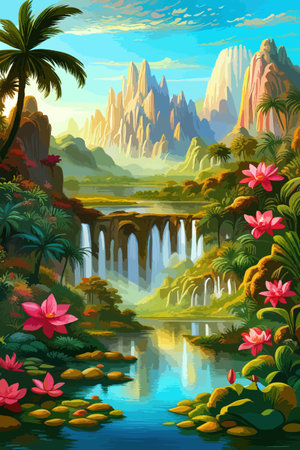 Waterfall painting with beautiful scenery. Landscape with treesのイラスト素材