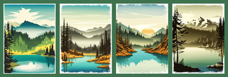 Beautiful landscape of a mountain lake with clear still water, mountain range, dense forestのイラスト素材