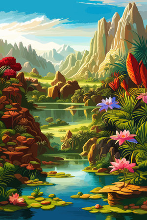 Waterfall painting with beautiful scenery. Landscape with treesのイラスト素材