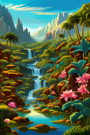 Waterfall painting with beautiful scenery. Landscape with treesのイラスト素材