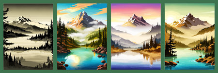 Beautiful landscape of a mountain lake with clear still water, mountain range, dense forestのイラスト素材