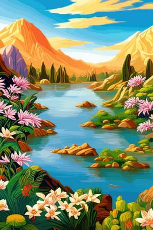 Waterfall painting with beautiful scenery. Landscape with treesのイラスト素材