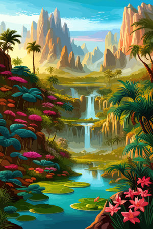 Waterfall painting with beautiful scenery. Landscape with treesのイラスト素材