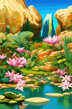 Waterfall painting with beautiful scenery. Landscape with treesのイラスト素材