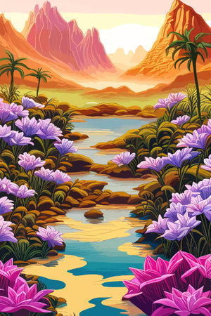 Waterfall painting with beautiful scenery. Landscape with treesのイラスト素材