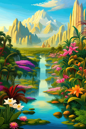 Waterfall painting with beautiful scenery. Landscape with treesのイラスト素材