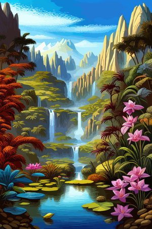 Waterfall painting with beautiful scenery. Landscape with treesのイラスト素材