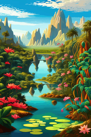 Waterfall painting with beautiful scenery. Landscape with treesのイラスト素材
