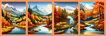 Beautiful autumn daytime landscape of a lake with mountains, trees and autumn leavesのイラスト素材
