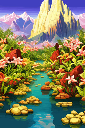 Waterfall painting with beautiful scenery. Landscape with treesのイラスト素材