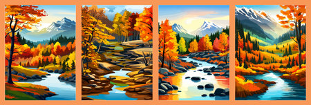Beautiful autumn daytime landscape of a lake with mountains, trees and autumn leavesのイラスト素材