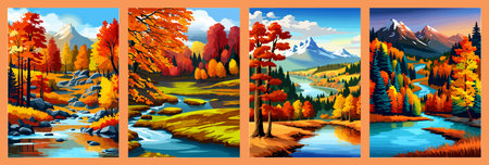 Beautiful autumn daytime landscape of a lake with mountains, trees and autumn leavesのイラスト素材
