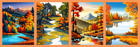 Beautiful autumn daytime landscape of a lake with mountains, trees and autumn leavesのイラスト素材