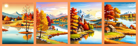 Beautiful autumn daytime landscape of a lake with mountains, trees and autumn leaves, firsのイラスト素材