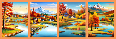 Beautiful autumn daytime landscape of a lake with mountains, trees and autumn leaves, firsのイラスト素材