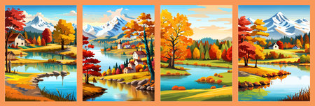 Beautiful autumn daytime landscape of a lake with mountains, trees and autumn leaves, firsのイラスト素材