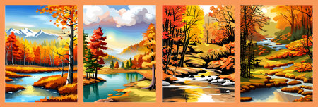 Beautiful autumn daytime landscape of a lake with mountains, trees and autumn leavesのイラスト素材