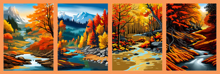 Beautiful autumn daytime landscape of a lake with mountains, trees and autumn leavesのイラスト素材