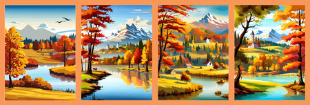 Beautiful autumn daytime landscape of a lake with mountains, trees and autumn leaves, firsのイラスト素材