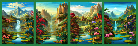 Waterfall painting with beautiful scenery. Landscape with treesの写真素材