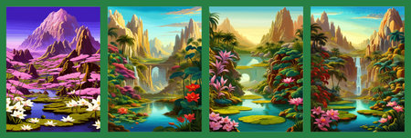 Waterfall painting with beautiful scenery. Landscape with treesの写真素材
