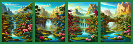 Waterfall painting with beautiful scenery. Landscape with treesの写真素材