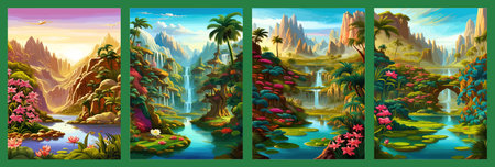 Waterfall painting with beautiful scenery. Landscape with treesの写真素材