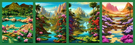 Waterfall painting with beautiful scenery. Landscape with treesの写真素材