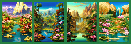 Waterfall painting with beautiful scenery. Landscape with treesの写真素材