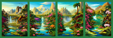 Waterfall painting with beautiful scenery. Landscape with treesの写真素材