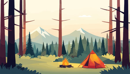 Summer forest or mountain tourist campground or campsite with tents and fireplaceのイラスト素材