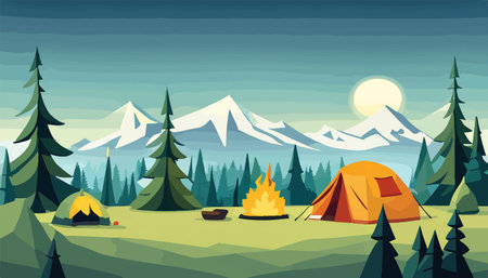Summer forest or mountain tourist campground or campsite with tents and fireplaceのイラスト素材