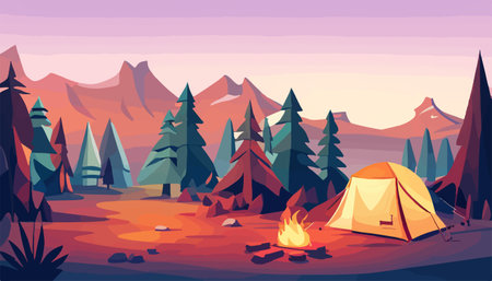 Summer forest or mountain tourist campground or campsite with tents and fireplaceのイラスト素材