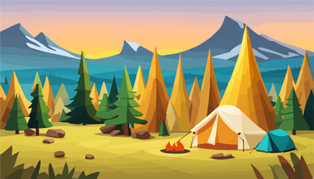 Summer forest or mountain tourist campground or campsite with tents and fireplaceのイラスト素材