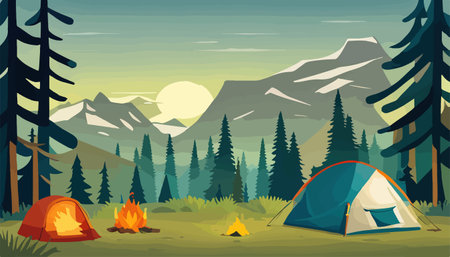 Summer forest or mountain tourist campground or campsite with tents and fireplaceのイラスト素材