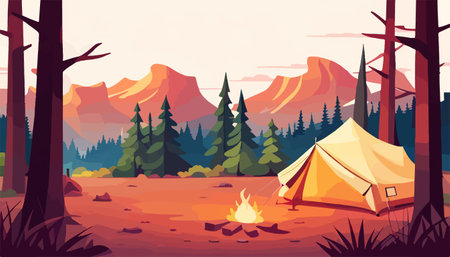 Summer forest or mountain tourist campground or campsite with tents and fireplaceのイラスト素材