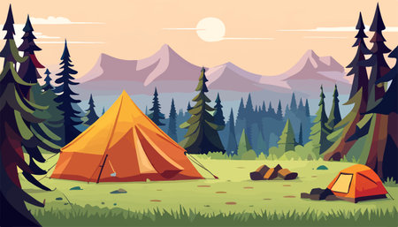 Summer forest or mountain tourist campground or campsite with tents and fireplaceのイラスト素材