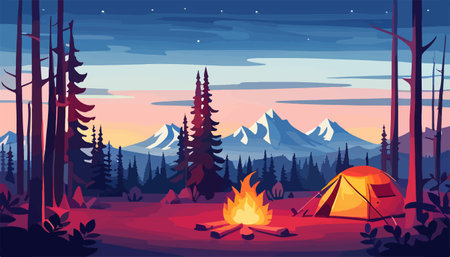 Summer forest or mountain tourist campground or campsite with tents and fireplaceのイラスト素材