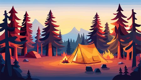 Summer forest or mountain tourist campground or campsite with tents and fireplaceのイラスト素材