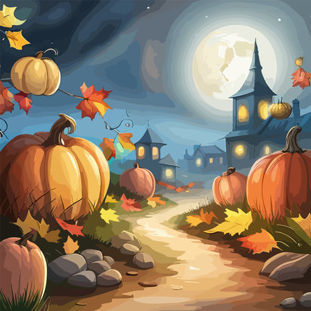 scary pumpkin heads in a dark halloween forest, artのイラスト素材