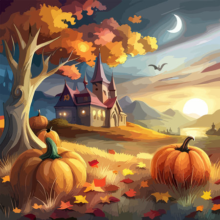 scary pumpkin heads in a dark halloween forest, artのイラスト素材