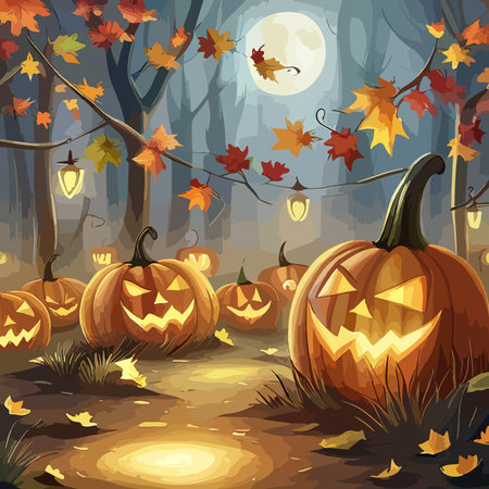scary pumpkin heads in a dark halloween forest, artのイラスト素材